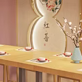 Japanese Style Restaurant Interior With Wooden Tables Cherry Blossom Decor Hanging Lanterns And Green Plants