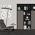 Modern Bookcase Interior With Shelves Books Decorative Items Grey Armchair And Abstract Painting