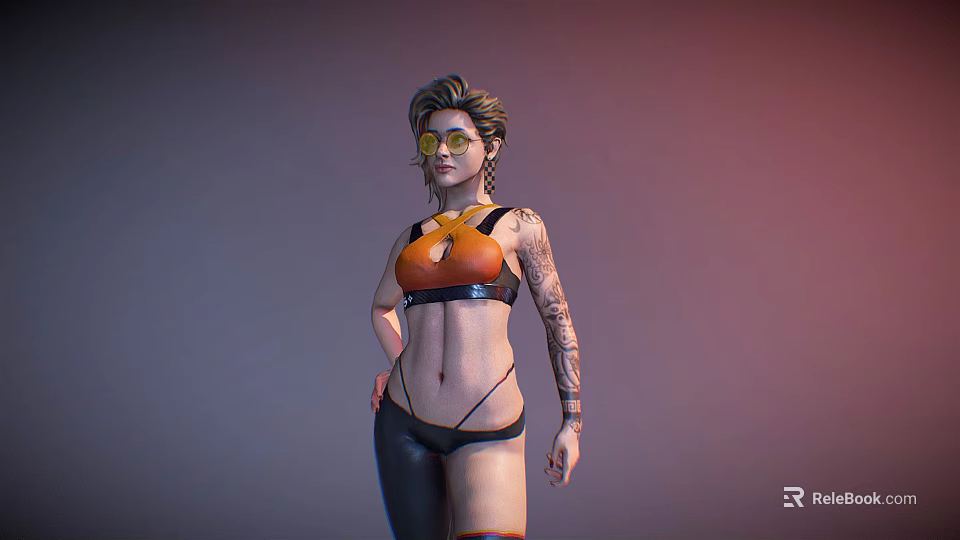 Stylish Short Haired Woman In Orange Top Black Pants With Arm Tattoos And Glasses 3d model 