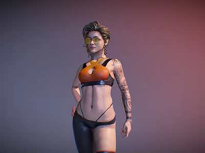 Stylish Short Haired Woman In Orange Top Black Pants With Arm Tattoos And Glasses 3d model