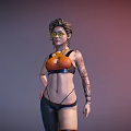 Stylish Short Haired Woman In Orange Top Black Pants With Arm Tattoos And Glasses