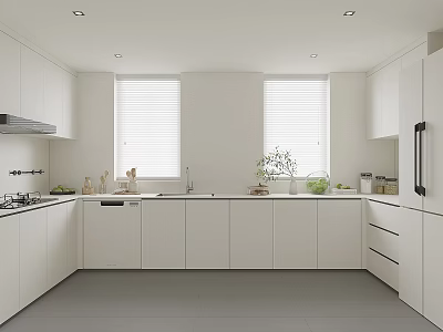 White Kitchen Interior With White Cabinets Window Blinds And Modern Appliances 3d model