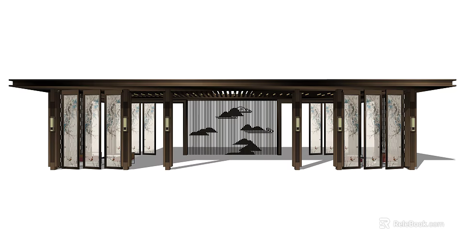 Traditional Chinese Landscape Pavilion With Wooden Structure And Mountain Pattern Screens 3d model 