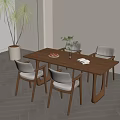 Modern Dining Space With Wooden Table Four Chairs Gray Herringbone Floor And Potted Plant