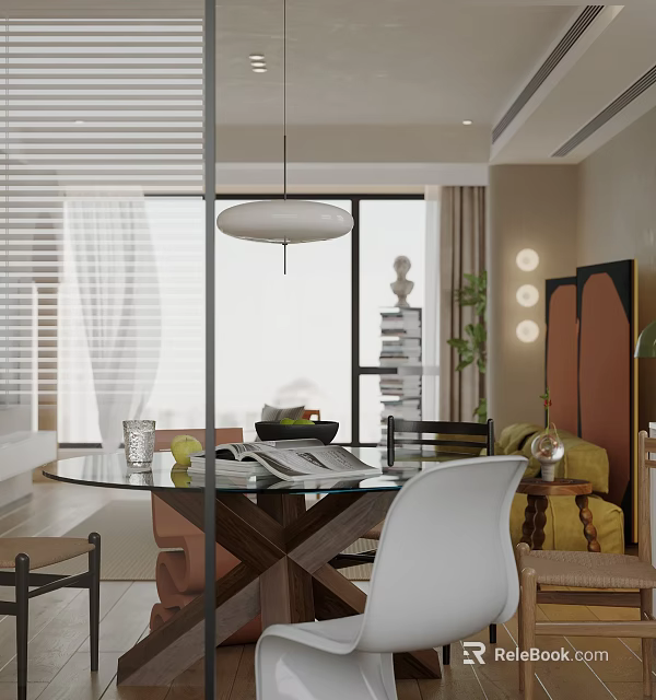 Contemporary Restaurant Dining Space With Glass Table White Chairs Pendant Light And Decorative Plants 3d model 