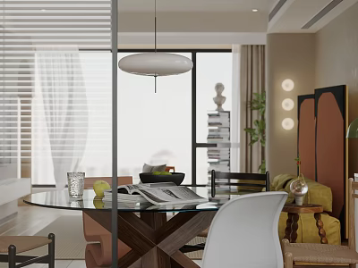 Contemporary Restaurant Dining Space With Glass Table White Chairs Pendant Light And Decorative Plants 3d model