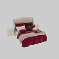 Double Bed with Tufted Headboard Multiple Red Purple Beige Pillows White Nightstands Drawers Velvet Bedding