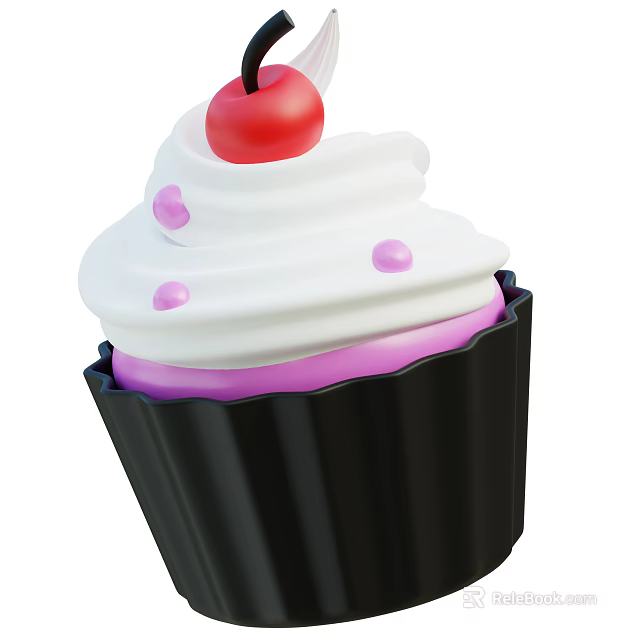 Delicious Cupcake with White Frosting Red Cherry and Pink Dots in Black Liner 3d model 