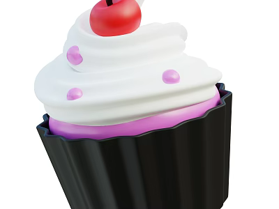 Delicious Cupcake with White Frosting Red Cherry and Pink Dots in Black Liner 3d model