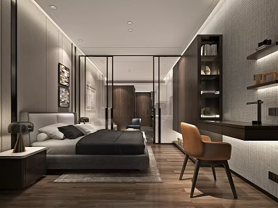 Modern Elegant Apartment Bedroom Featuring Open Design King Bed Desk Chair Wooden Floor And Bookshelf 3d model