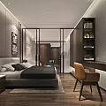 Modern Elegant Apartment Bedroom Featuring Open Design King Bed Desk Chair Wooden Floor And Bookshelf