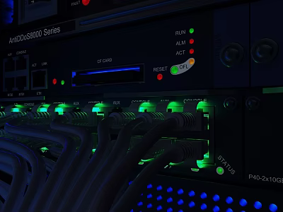 ARUCO58000 Series Server Rack With Network Ports Green And Blue Indicator Lights And Connected Cables 3d model