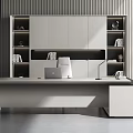 Modern Minimalist Office Desk with Gray Black Surface White Chair Desk Lamp and Laptop