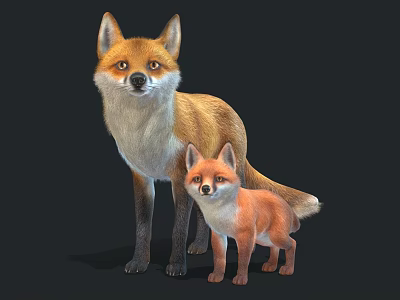 Adult and Baby Reptiles Standing Together on Black Background 3d model