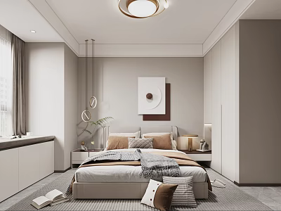 Modern Bedroom Interior Design With Comfortable Bed Pillows Nightstands Ceiling Light And Wall Art 3d model