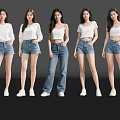 Five Women In White Tops And Denim Shorts Jeans Standing Against Black Background