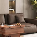 Brown Leather Sofa With Plush Pillows And Wooden Coffee Table On Wheels In Living Room