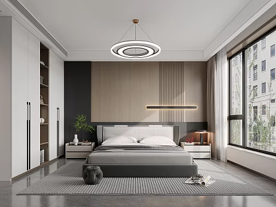 Modern Bedroom Interior Design With Large Bed Floor to Ceiling Windows Wardrobe and Pendant Light 3d model