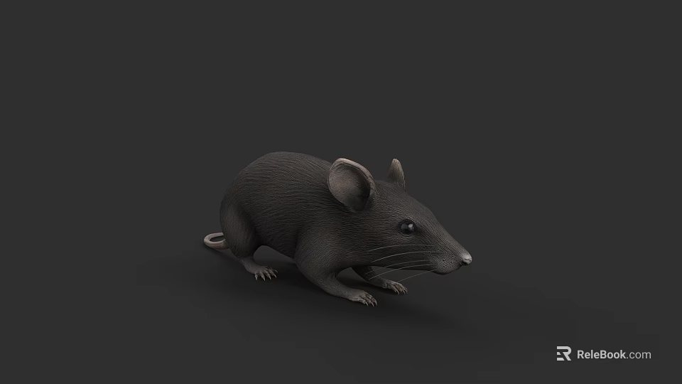 Gray 3D Model Mouse With Large Ears Small Eyes On Dark Background 3d model