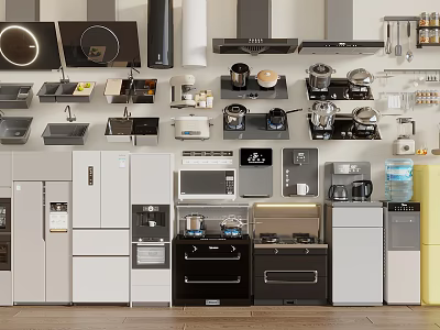 Modern Kitchen Appliances Collection Featuring Range Hoods Stoves Microwaves Refrigerators And Coffee Makers 3d model