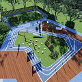 Serene Residential Landscape With Curved Pathways Green Lawns Wooden Deck And Trees