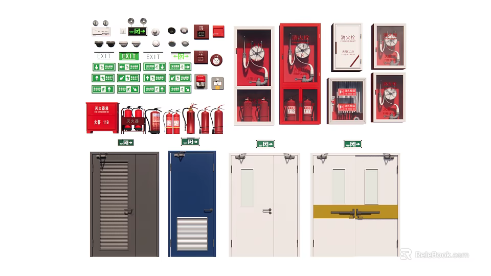 Essential Fire Equipment Including Fire Extinguishers Hydrant Cabinets Doors And Safety Signs 3d model