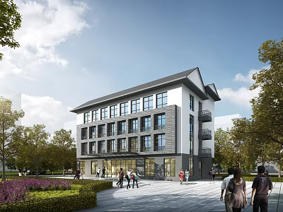 Modern Traditional Roof Residential Building With Large Windows Greenery And People Walking 3d model
