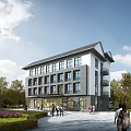 Modern Traditional Roof Residential Building With Large Windows Greenery And People Walking