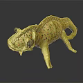 Yellow Chameleon Figure With Red Black Spots Woven Texture And Reflection On Dark Background