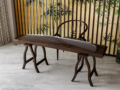 Traditional Chinese Musical Instrument Guqin on Wooden Table with Bamboo Screen and Plants 3d model