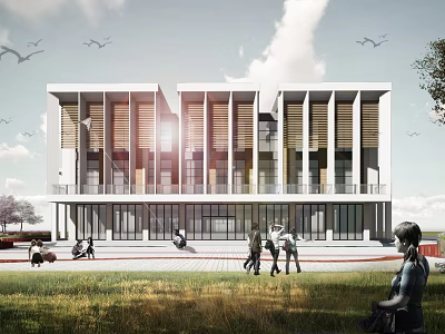 Modern Architectural Building With Vertical Louvers Glass Facade Lawn People Walking Birds Sky 3d model