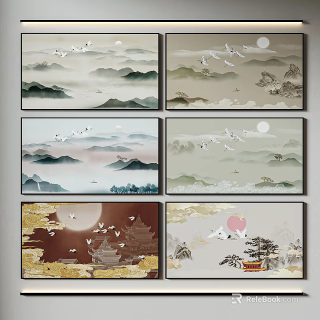 Chinese Landscape Paintings With Cranes Moon Mountains Ancient Architecture And Scenic Motifs 3d model 