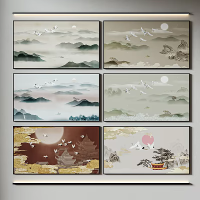 Chinese Landscape Paintings With Cranes Moon Mountains Ancient Architecture And Scenic Motifs 3d model
