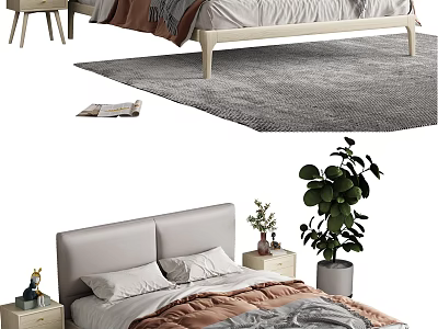 Modern Double Bed Interior With Gray Headboard Brown Bedding Nightstand Gray Rug And Green Plant 3d model