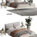 Modern Double Bed Interior With Gray Headboard Brown Bedding Nightstand Gray Rug And Green Plant