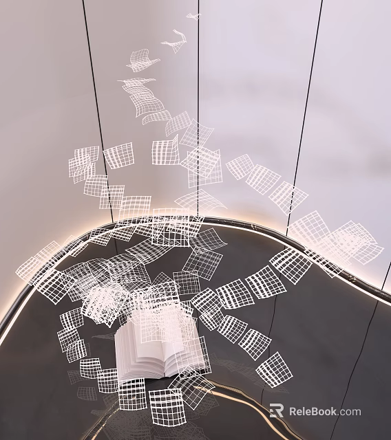 Modern Exhibition Hall Interior With Hanging Geometric Grid Decorations And Ambient Lighting Design 3d model 