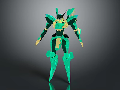 Green And Gold Robot Character With Mechanical Armor And Sharp Metallic Details 3d model
