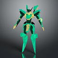 Green And Gold Robot Character With Mechanical Armor And Sharp Metallic Details