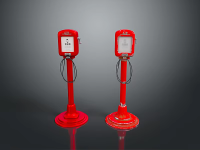 Two Red Charging Station Units With Display Screens And Cables On Stands 3d model