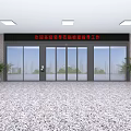 Modern Building Entrance with Glass Doors Welcome Display and Potted Plants