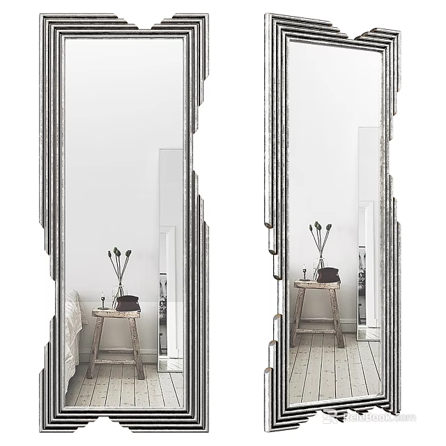 Modern Decorative Mirror in Room With Wooden Table Vase White Wall and Wooden Floor 3d model 