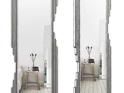 Modern Decorative Mirror in Room With Wooden Table Vase White Wall and Wooden Floor 3d model