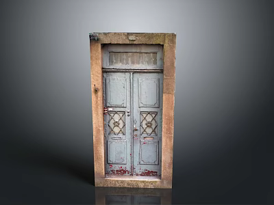 Vintage Double Door With Weathered Gray Surface And Intricate Diamond Pattern On Stone Frame 3d model