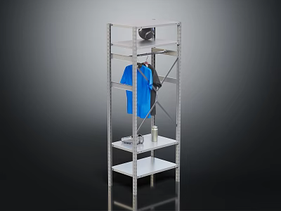 Multi Tiered Storage Shelf with Blue T Shirt Hanging Sports Ball and Water Bottle 3d model