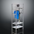 Multi Tiered Storage Shelf with Blue T Shirt Hanging Sports Ball and Water Bottle