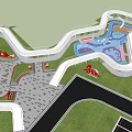Modern Park Landscape With Winding Walkways Playground Facilities Green Lawns And Red Structures