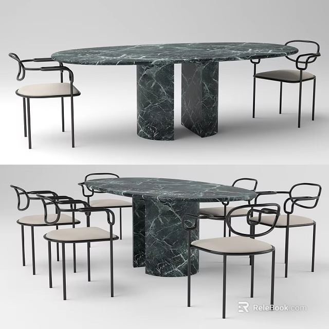 Modern Marble Dining Table Set with Oval Top Black Frame Chairs and Light Seat Cushions 3d model 
