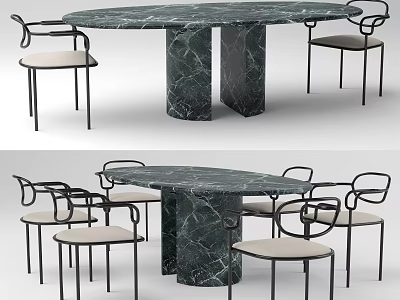 Modern Marble Dining Table Set with Oval Top Black Frame Chairs and Light Seat Cushions 3d model