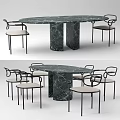Modern Marble Dining Table Set with Oval Top Black Frame Chairs and Light Seat Cushions