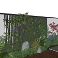 Lush Shrubs in Modern Courtyard with Wooden Deck White Wall Black Grille and Red Maple Plants
